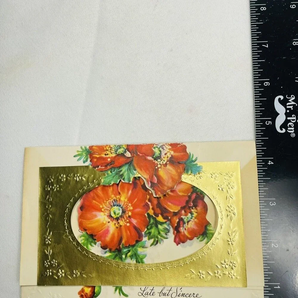 Vintage UNUSED Belated Birthday Poppy Die-Cut Embossed Artistic Greeting Card